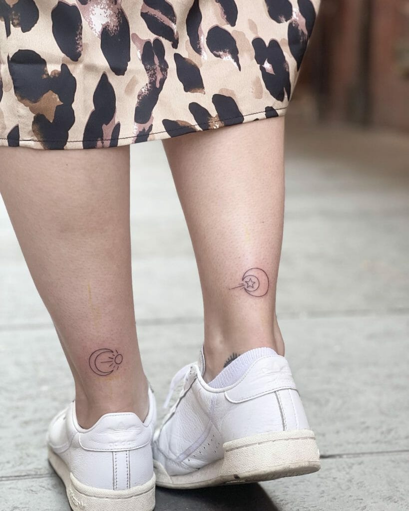 Matching Moon And Star Leg Tattoo Designs