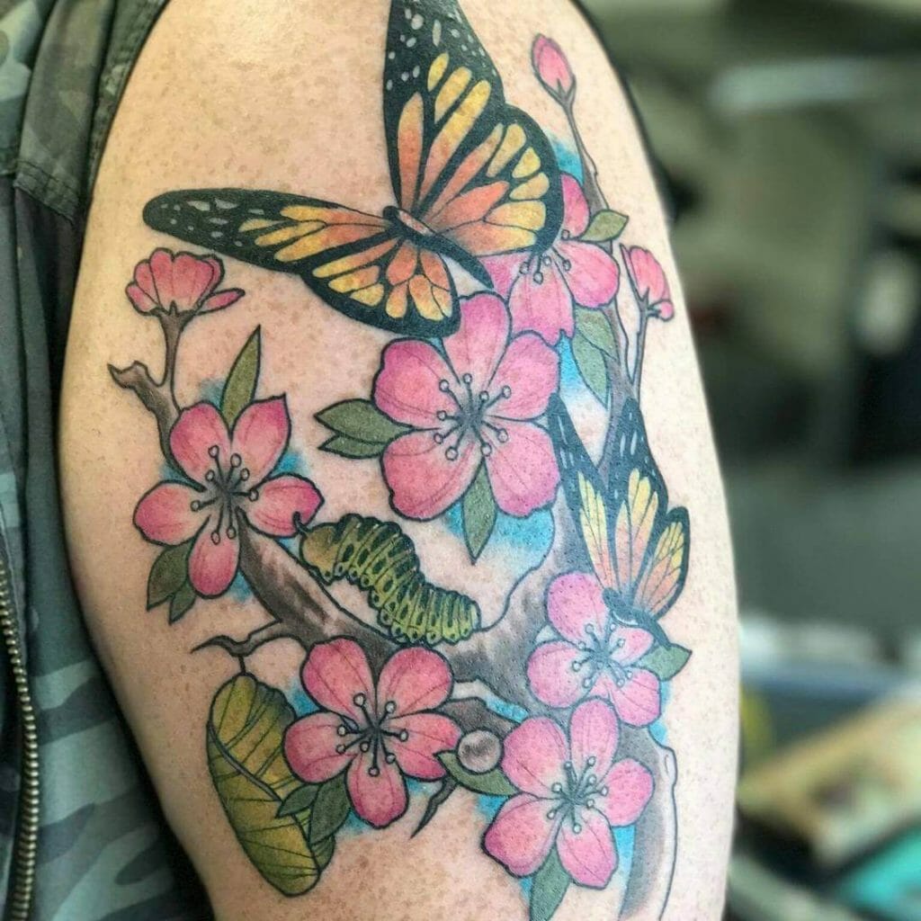 Metamorphosis - Caterpillar and Butterfly Tattoo With Flowers