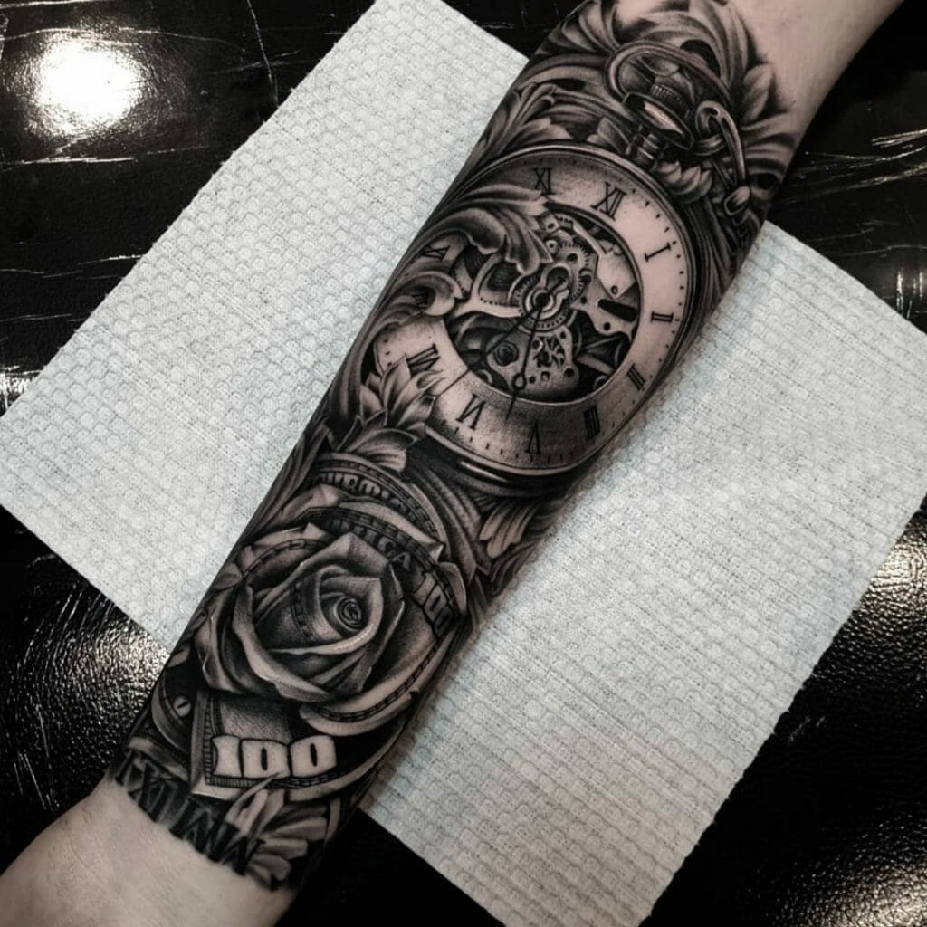 Money Rose Arm Sleeve Tattoo Design With A Time Piece