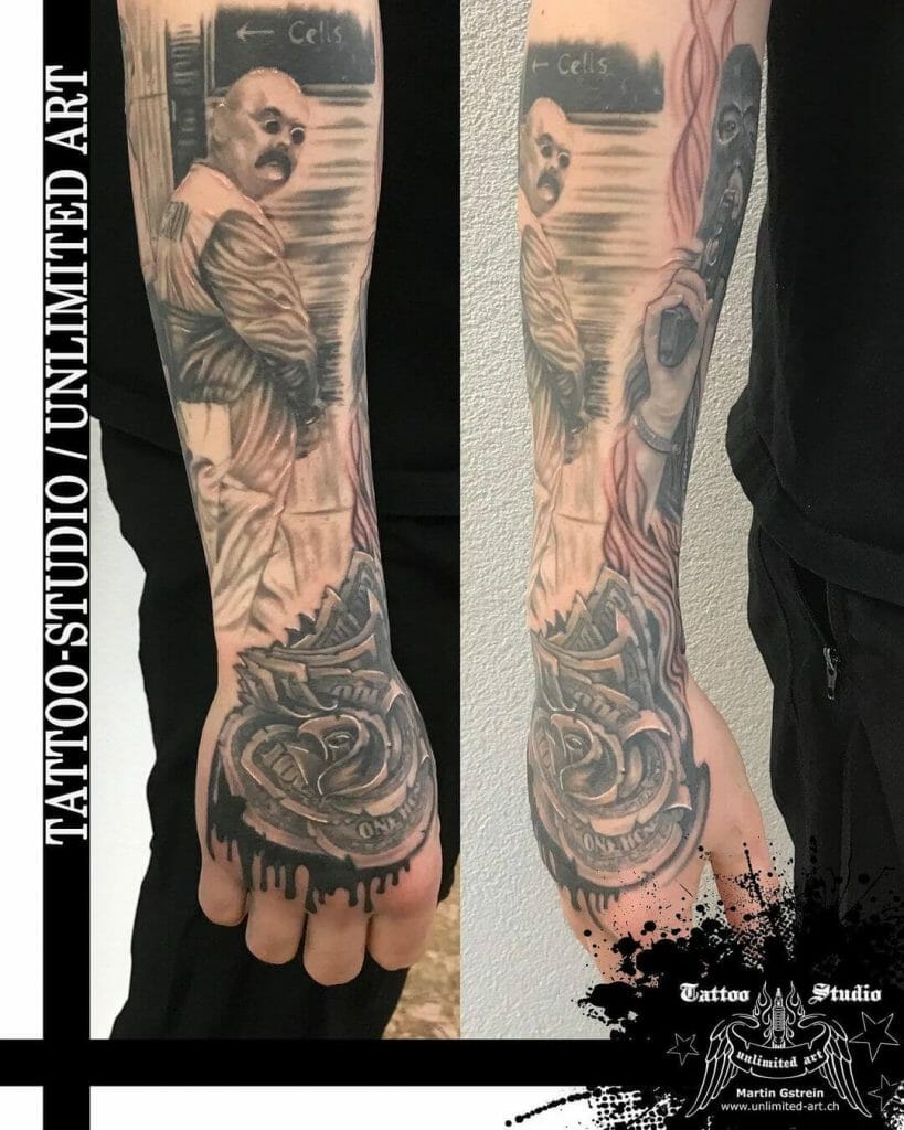 Money Rose Tattoo Design With An Arm Sleeve Design