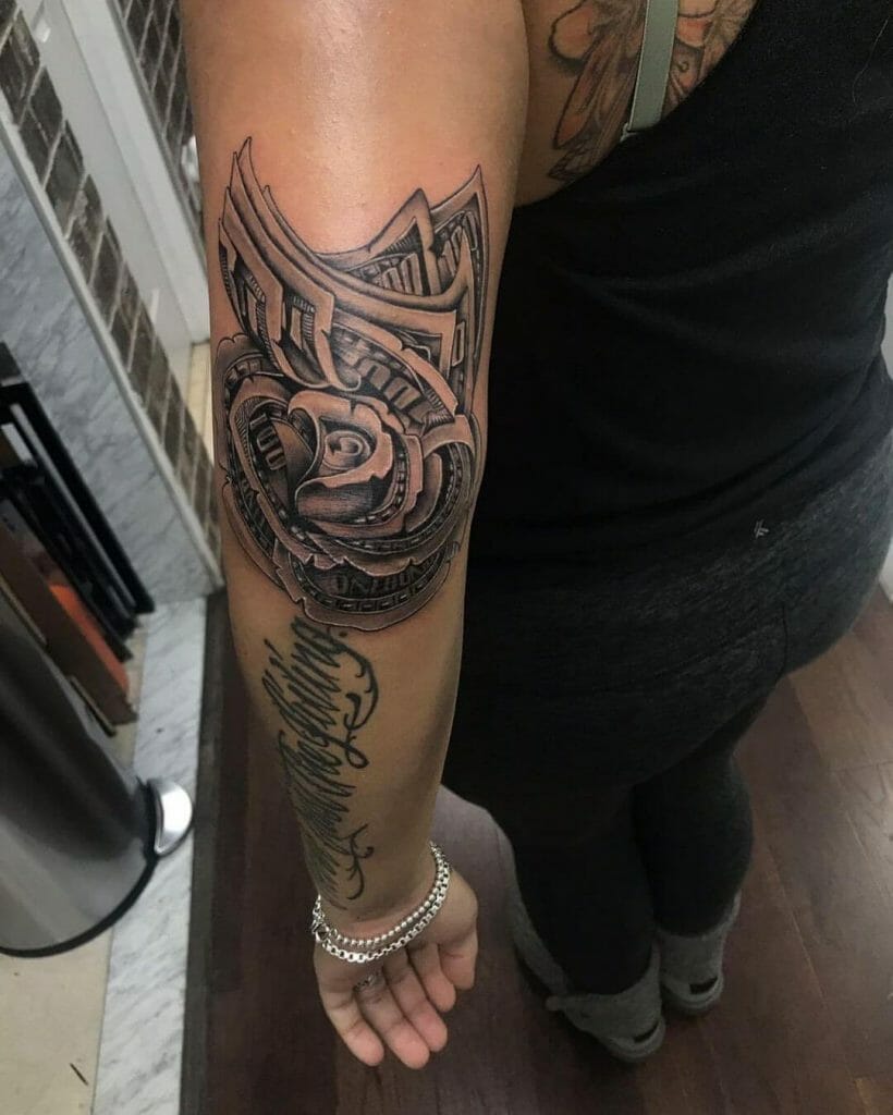 Money Rose Tattoo On Elbow Design