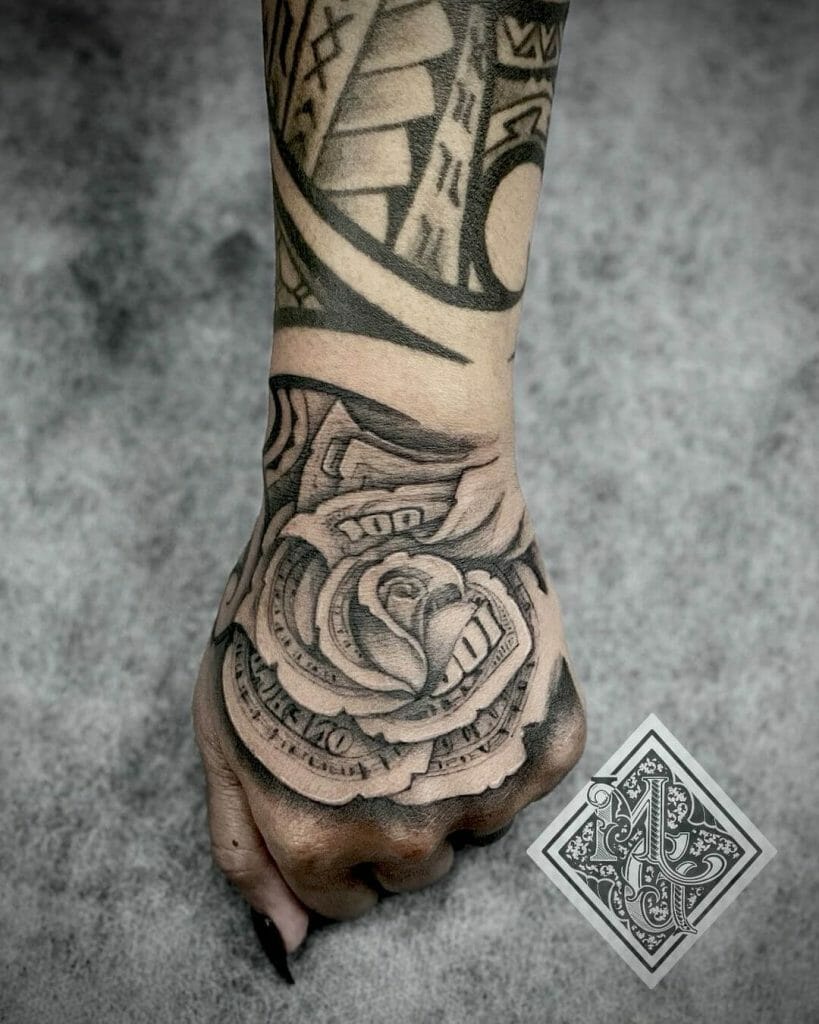 Money Rose Tattoo On Hand Design