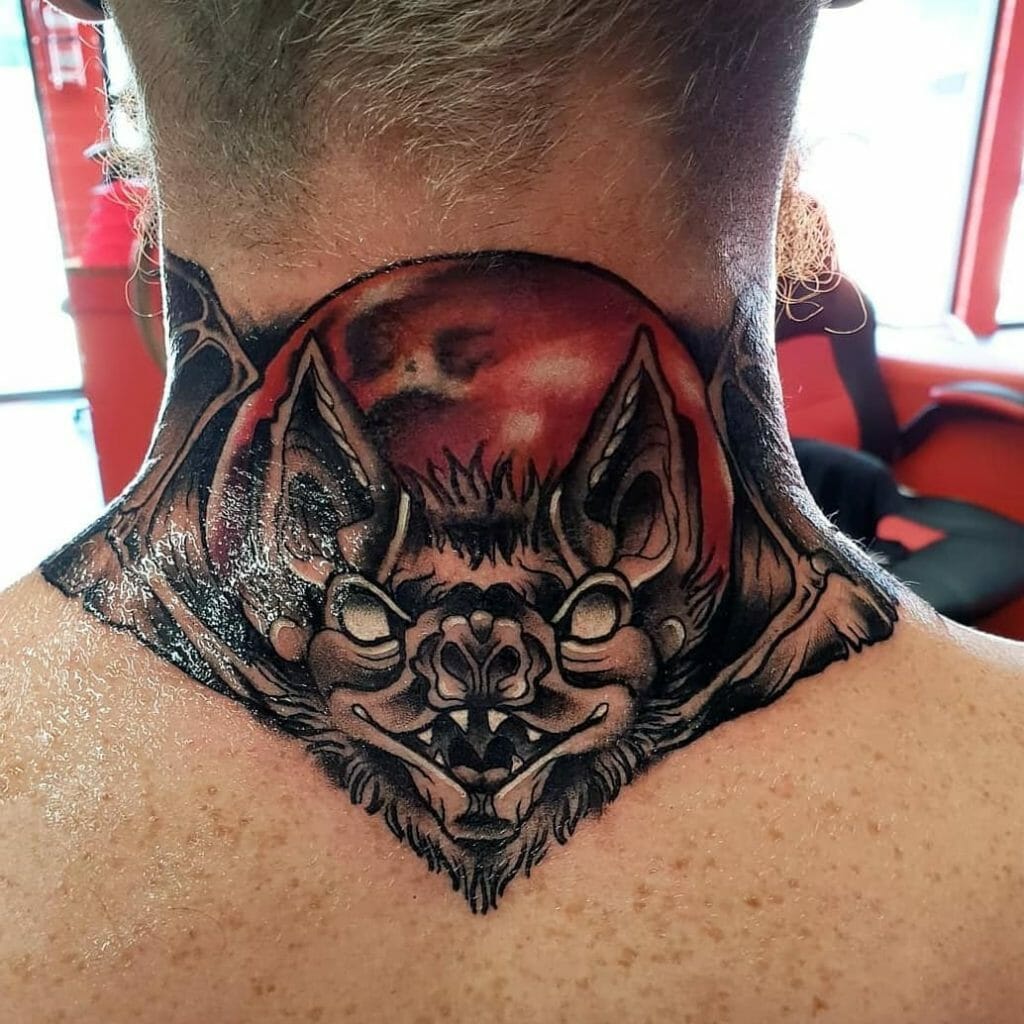 Neo-Traditional Bat Tattoos With Blood Moon