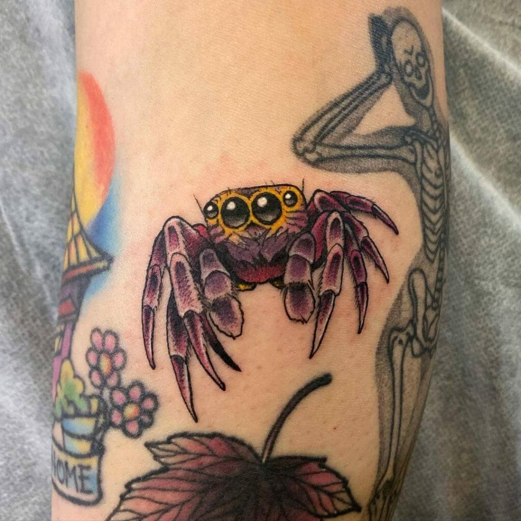 Purple Jumping Spider Tattoo On The Leg