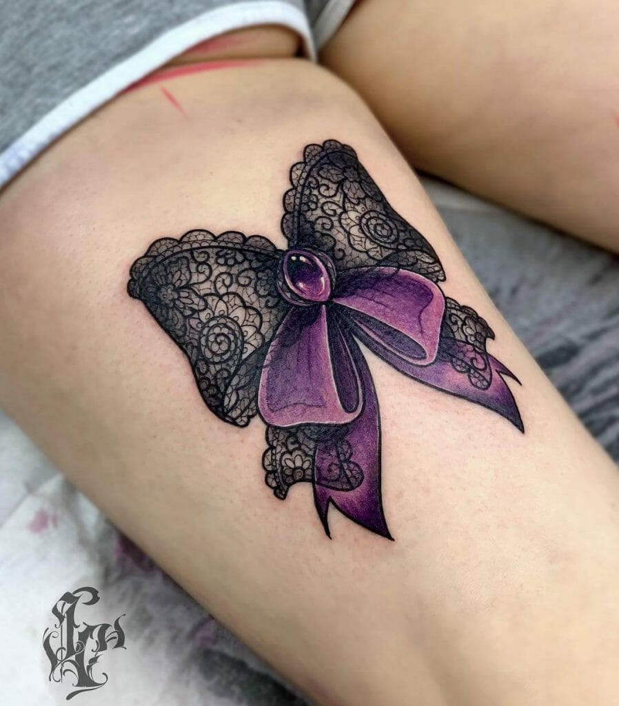 Realistic Purple Lace Bow Tattoo With Jewel