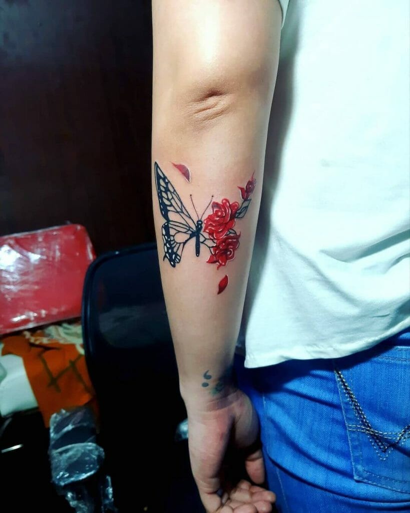 Red Rose, Black Butterfly Tattoo On Arm