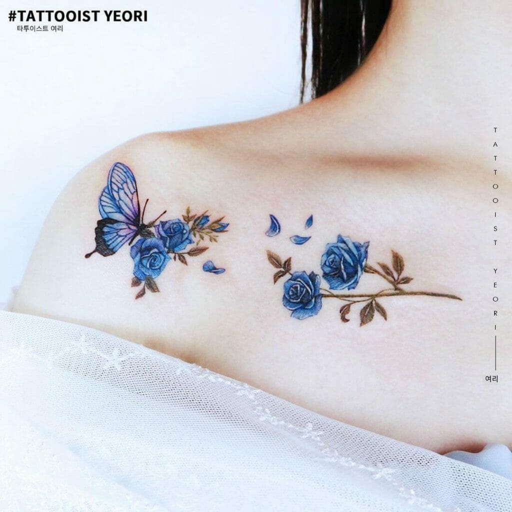 Rose And Butterfly Tattoo On Shoulder