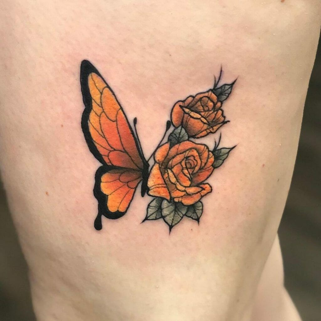 Rose And Butterfly Tattoo On Thigh