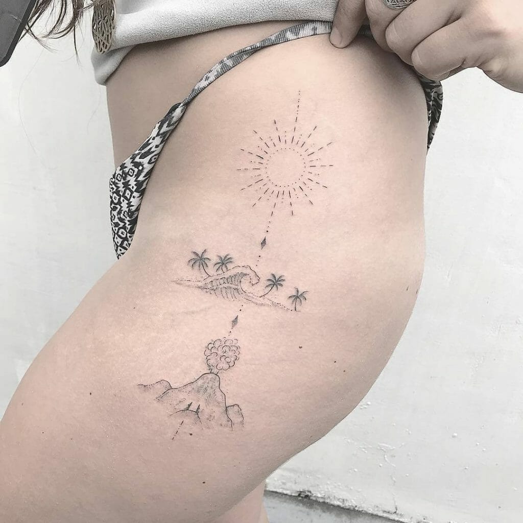 Volcano Tattoo With An Island and The Sun
