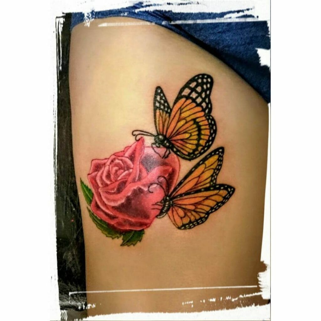 Yellow Butterfly On Pink Rose Tattoo