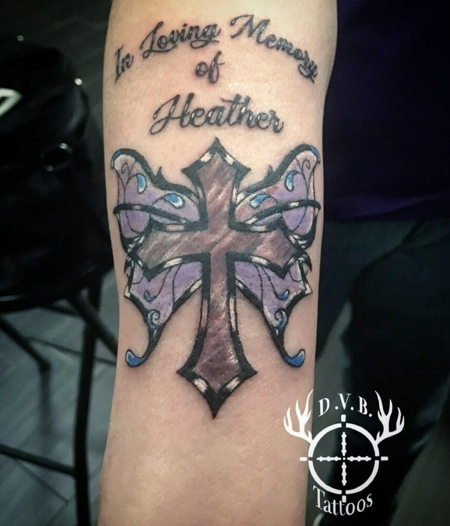 Cross With Colorful Butterflies Tattoo On Right Side Thigh