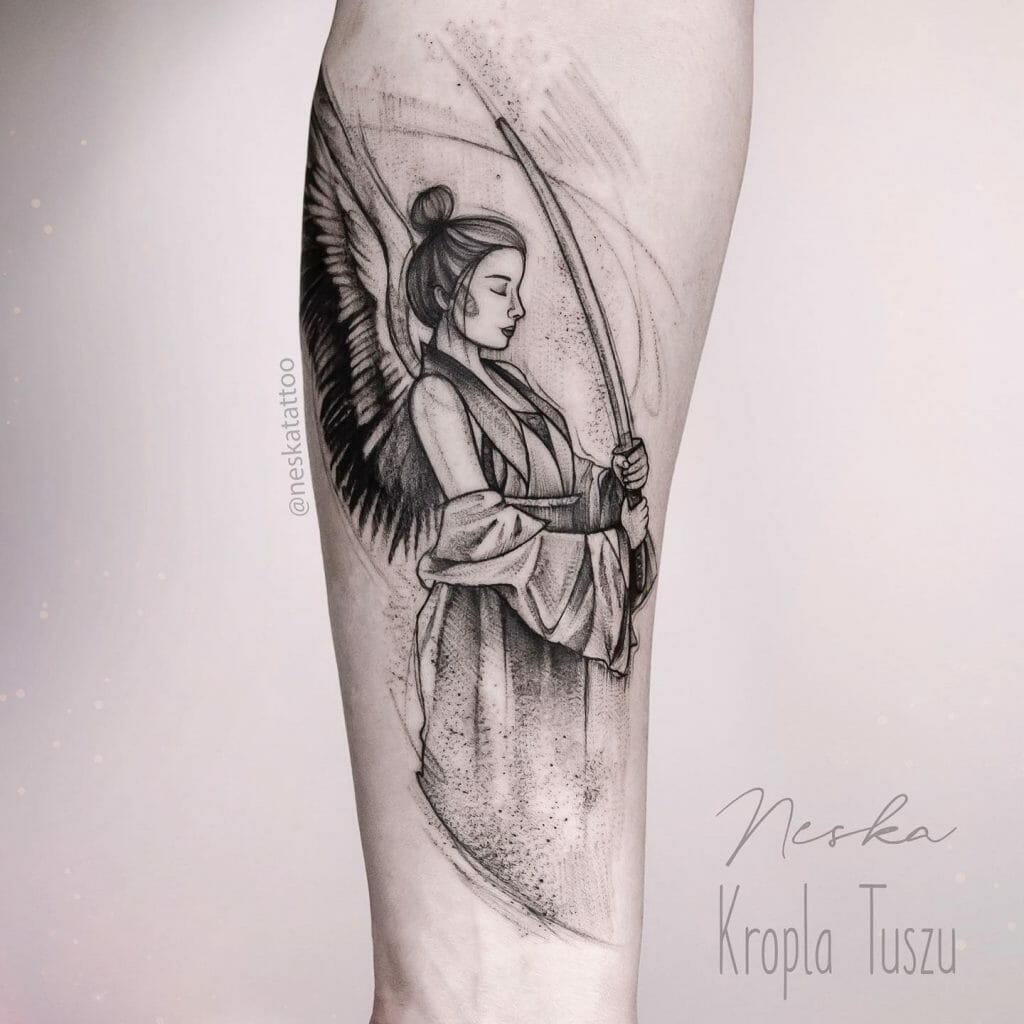 A Blackwork Angel Samurai Tattoo