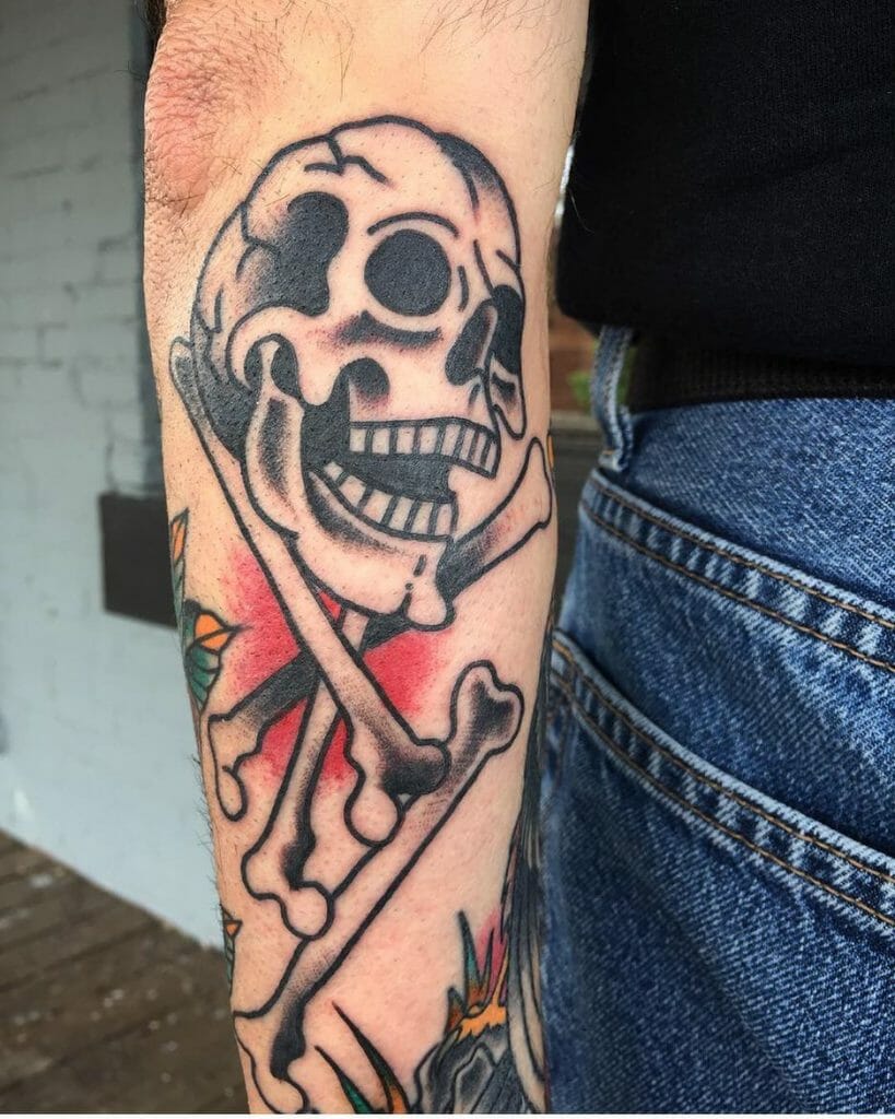 A Blackwork Skull And Bones Forearm Tattoo