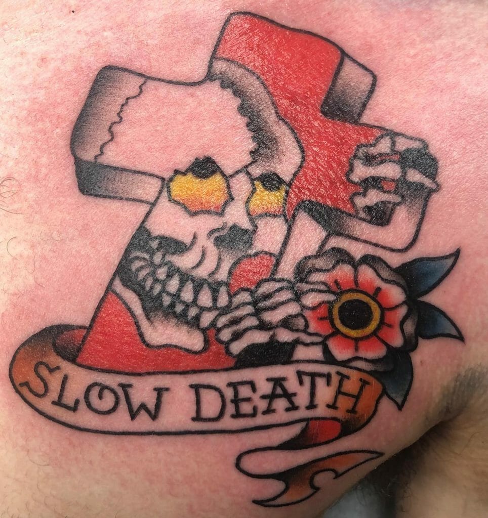 A Colorful Cross And Skull Tattoo