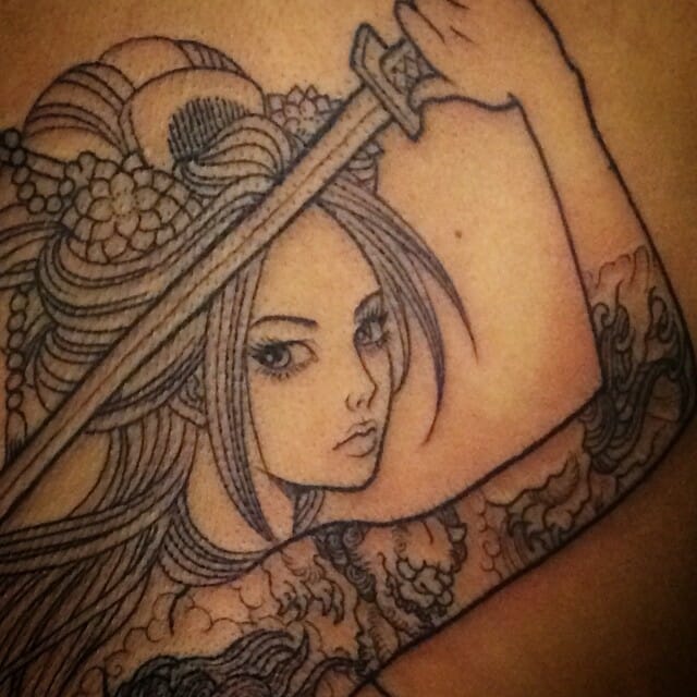 A Girl Samurai Fine Line Art Tattoo Outsons