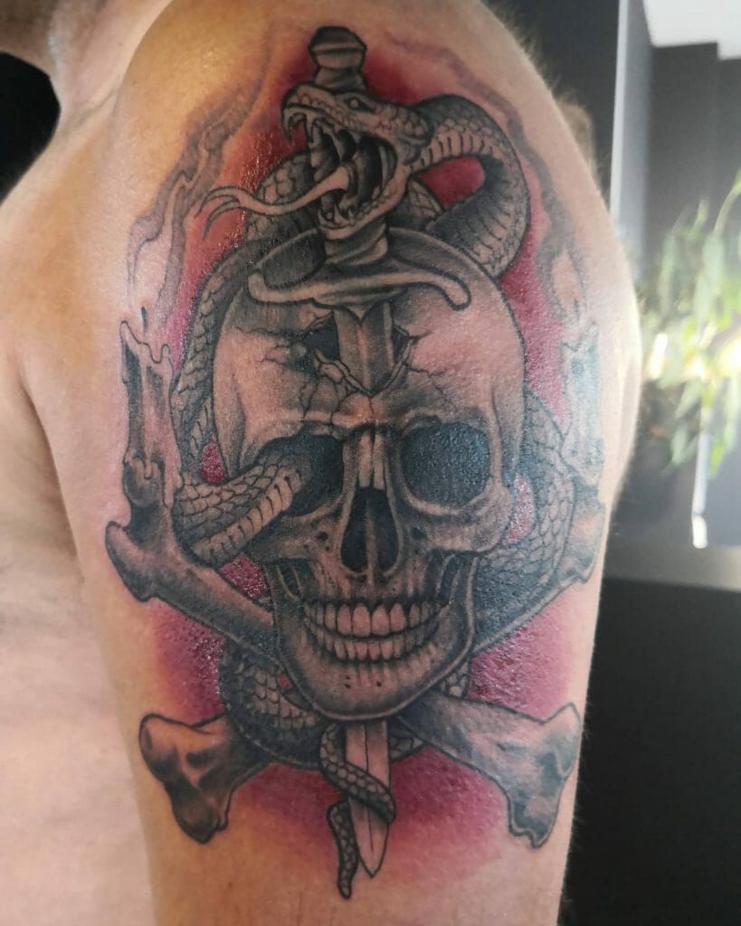 A Realistic Skull And Crossbones With A Dagger And Snake Tattoo