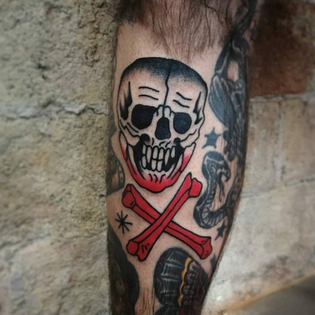 A Red And Black Skull And Crossbones Tattoo