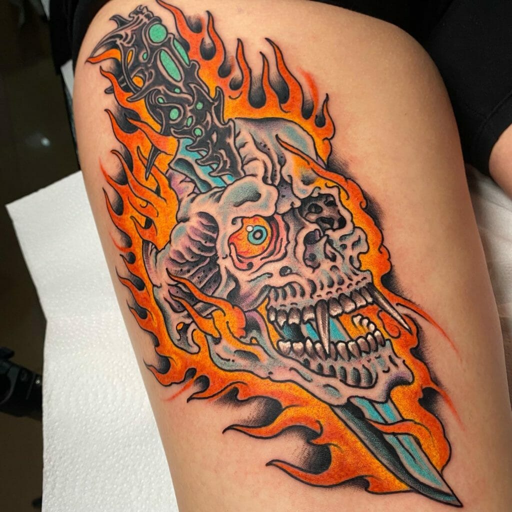 Amazing Skull, Dagger and Flames Tattoo Ideas