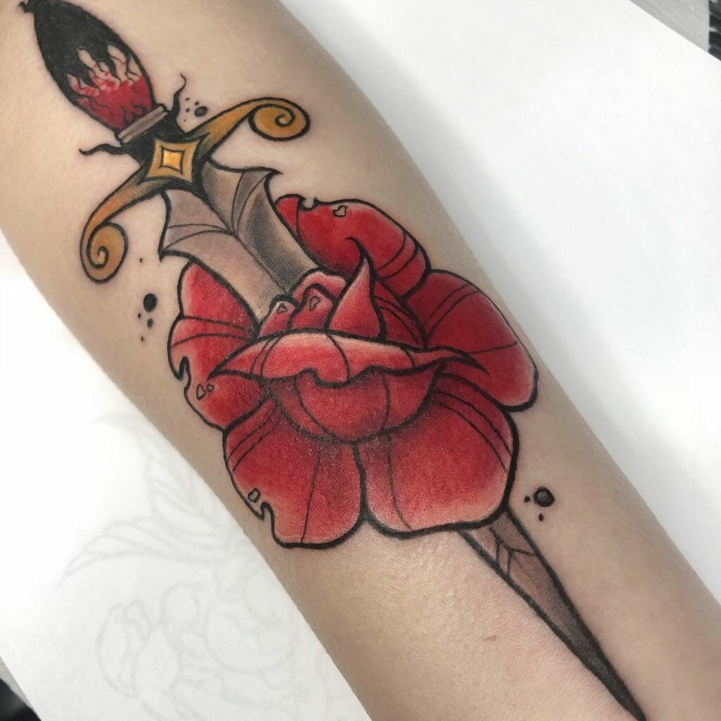 Amazing Sword And Rose Tattoo