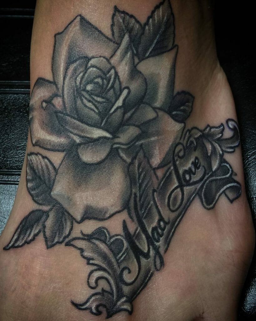 Awesome Ideas For Rose On Foot Tattoo With Writing On It