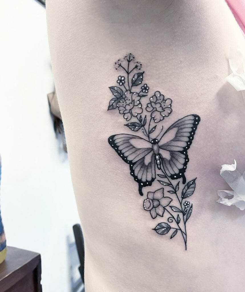 Beautiful Butterfly Tattoos On Ribs With Flowers