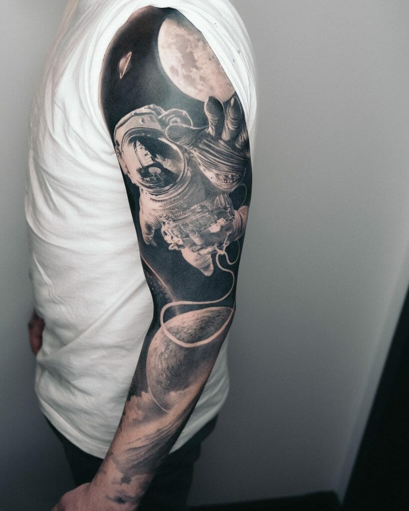 Beautiful Sleeve Tattoo Featuring Astronaut ideas