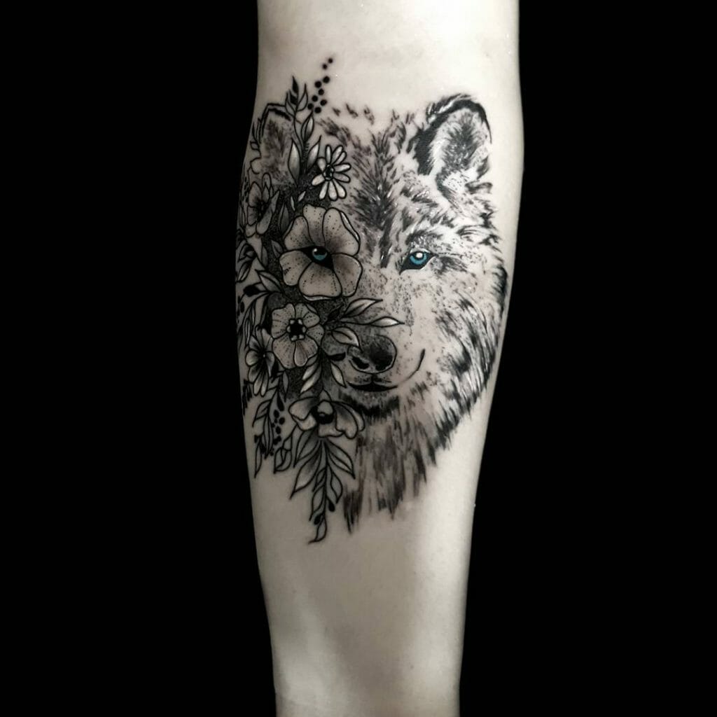 Best Wolf And Flowers Tattoo
