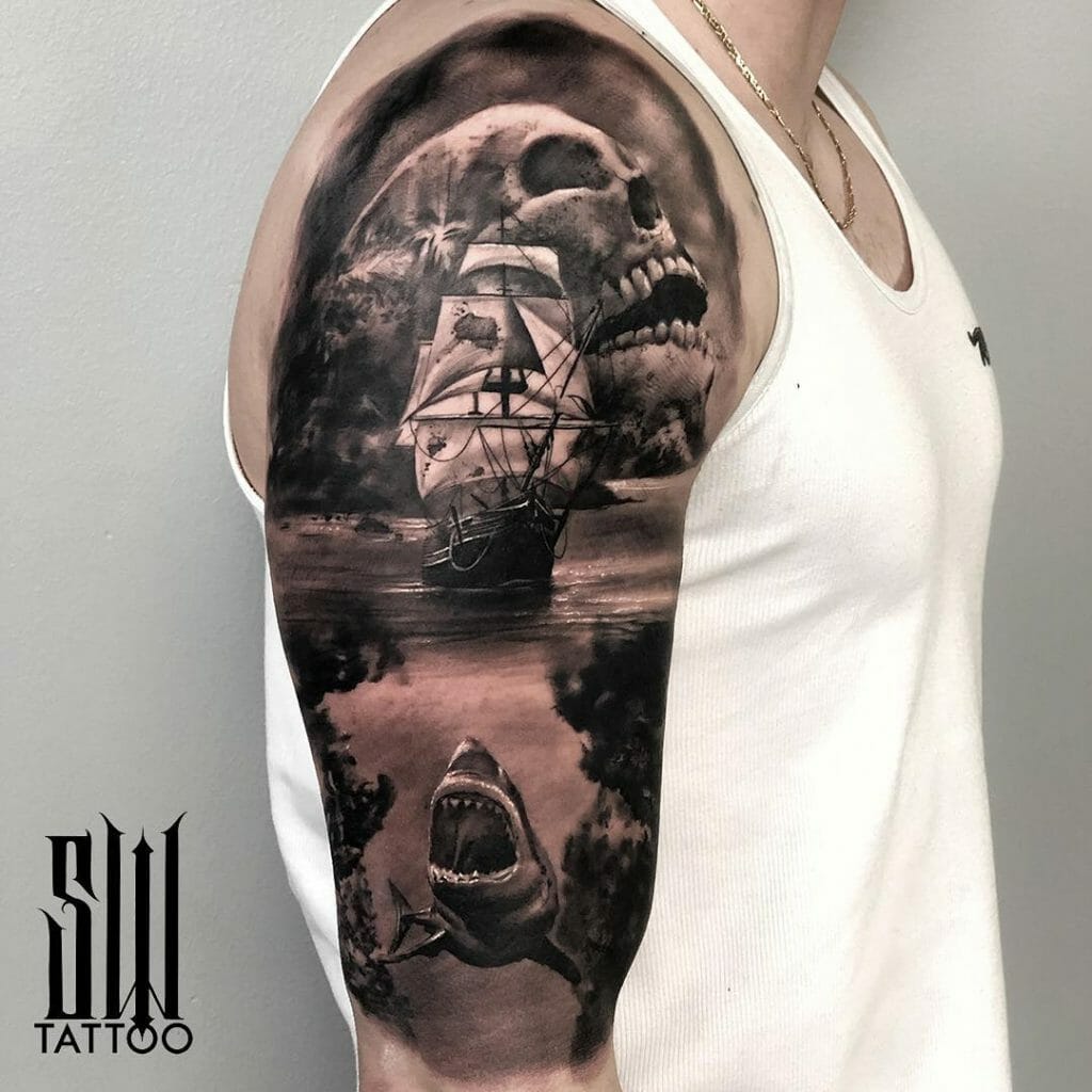 Black And Grey Ghost Pirate Ship Tattoo On Full Sleeve