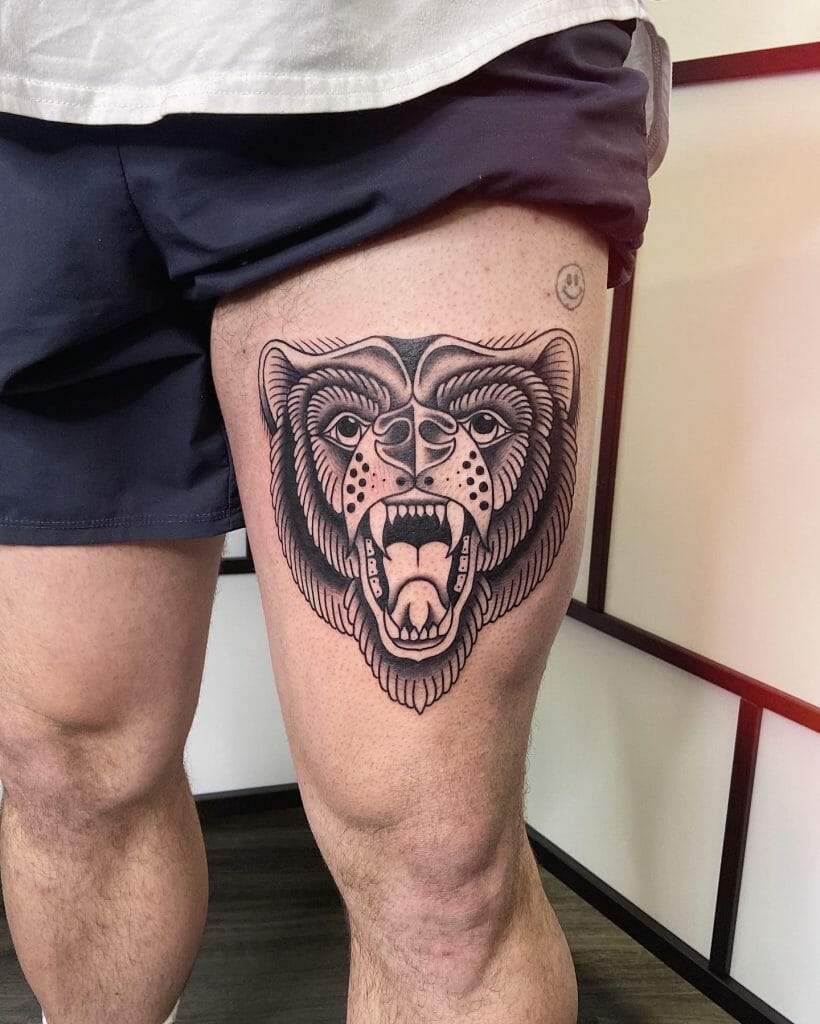 Black And Grey Panther Thigh Tattoo