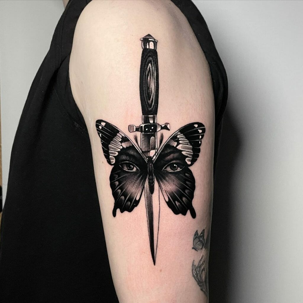Black Butterfly With A Dagger Tattoos