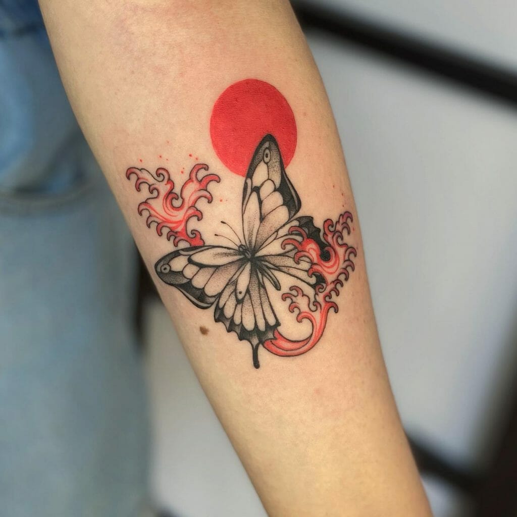 Black Butterfly With Sun Tattoo