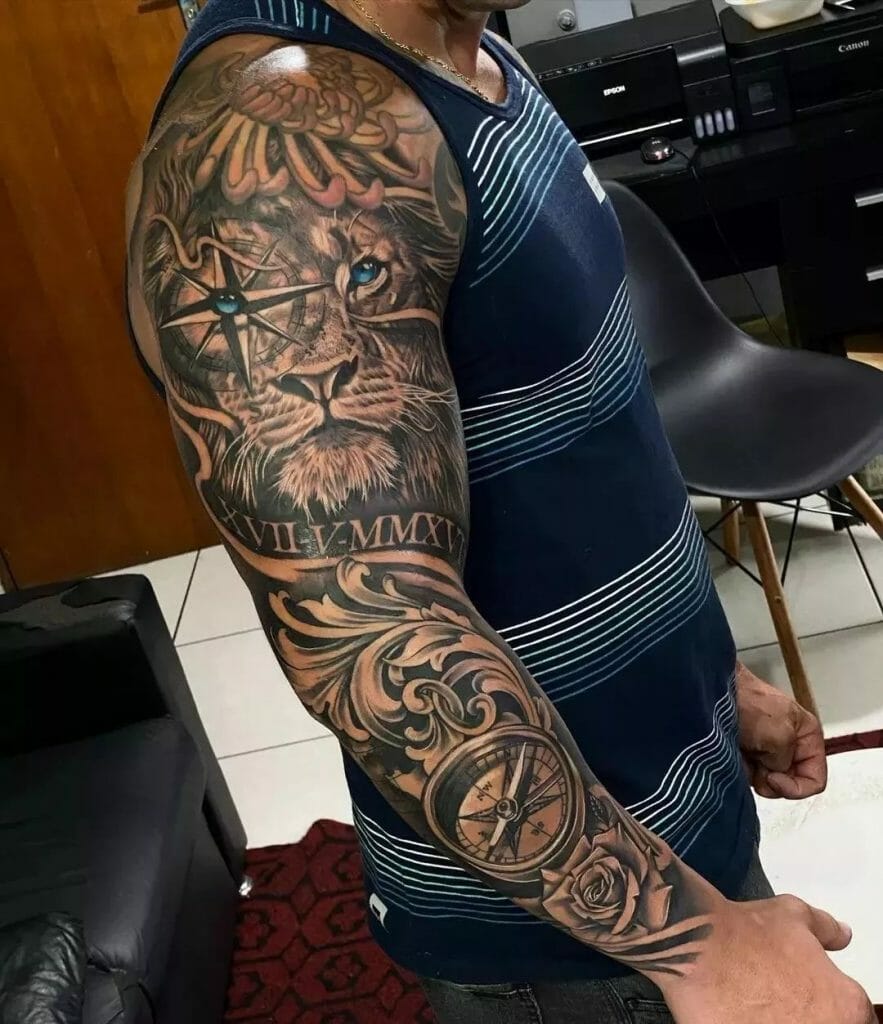 Black ink full sleeve tattoo with cryptic design