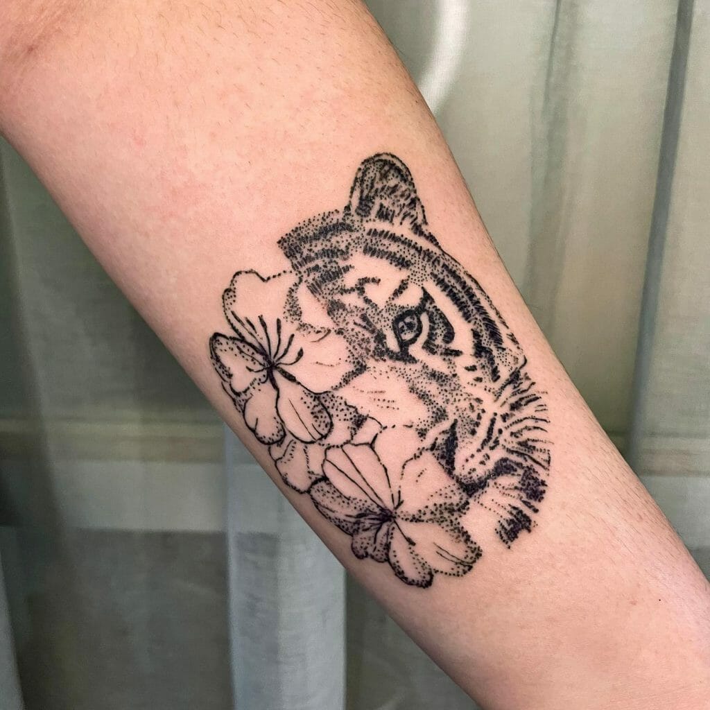 Blackwork Flower And Tiger Tattoo