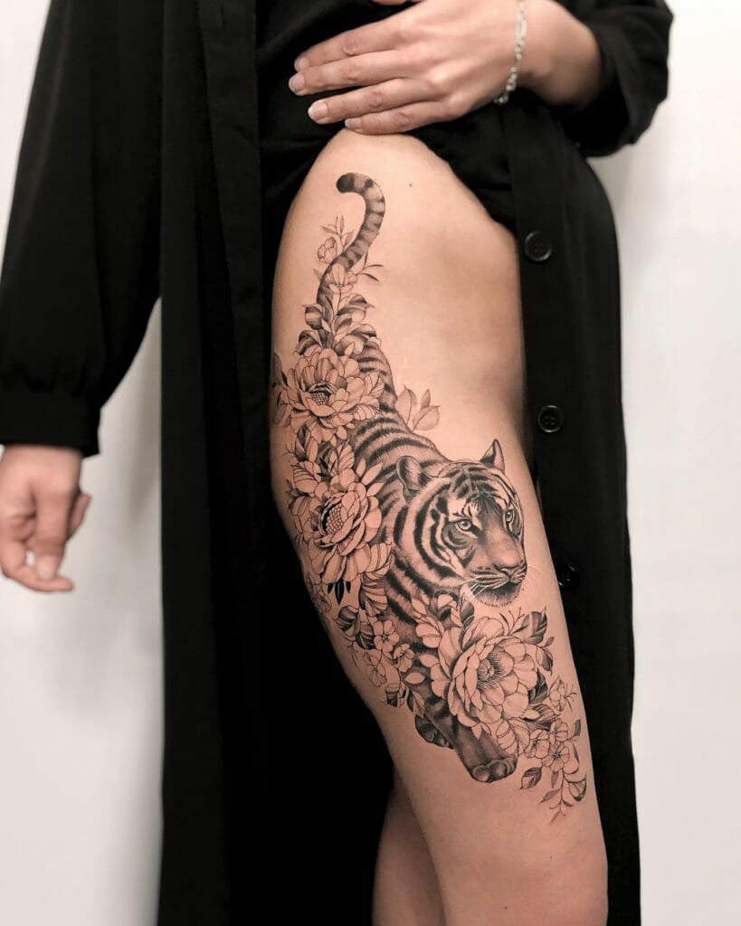 Blackwork Tiger And Flower Tattoo