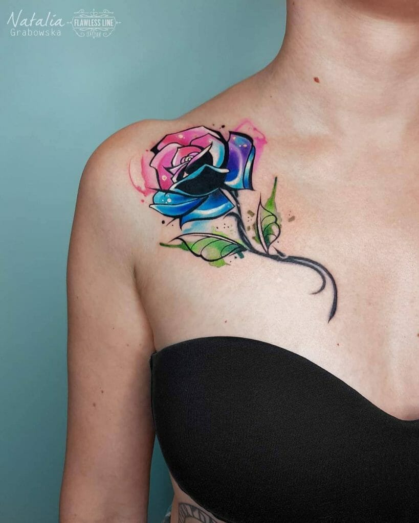 Bright And Colourful Watercolour Rose Tattoo For Shoulder