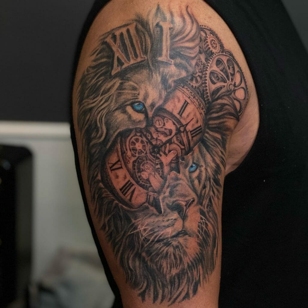 Broken Clock Tattoo with Lion