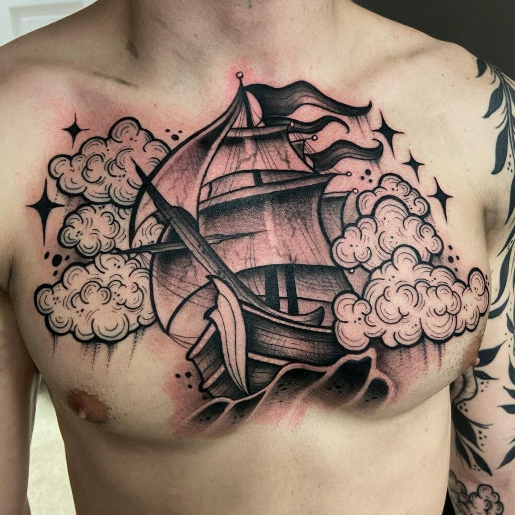 Chest Tattoo Of A Pirate Ship