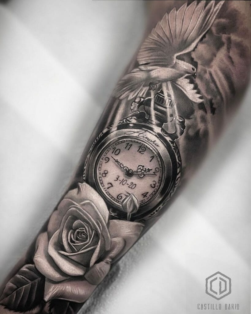 Clock Tattoo With Dove, Rose And Birth Date