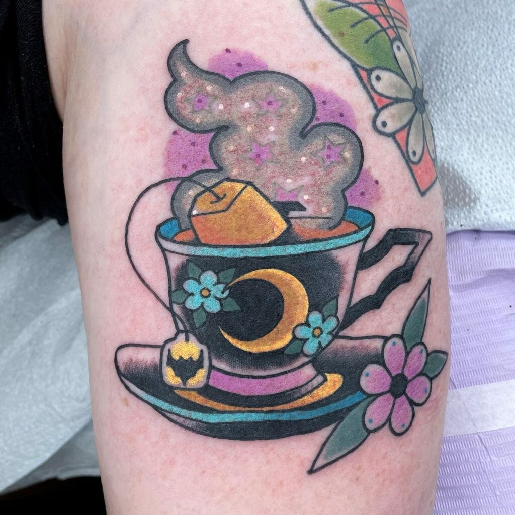 Colourful Flower, Moon, And Teacup