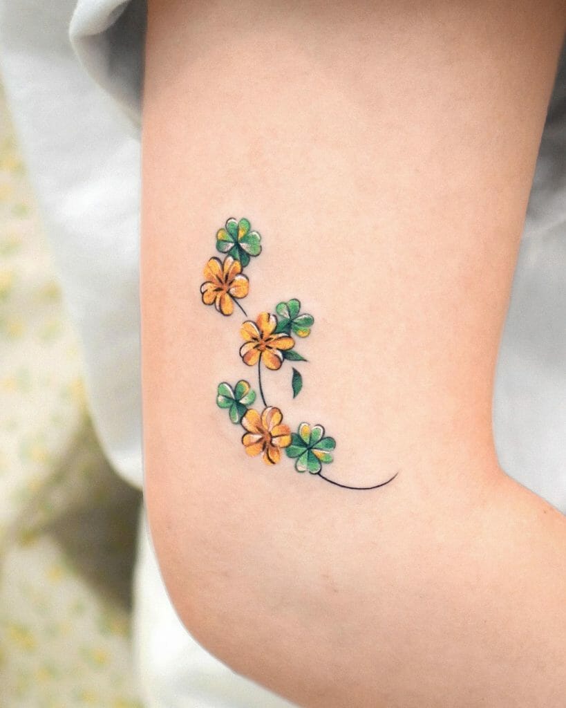 Colourful Flower and Four Leaf Clover Tattoo Ideas