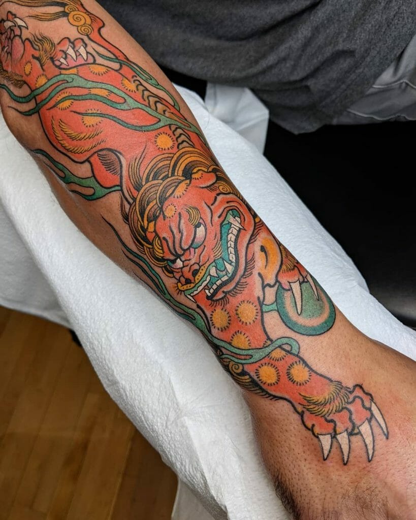 Colourful Foo Dog Forearm Tattoo Ideas