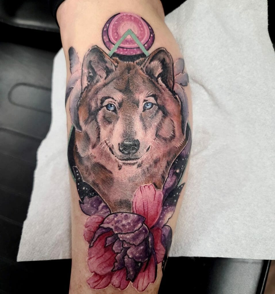 Colourful Wolf Amongst Flower Tattoo