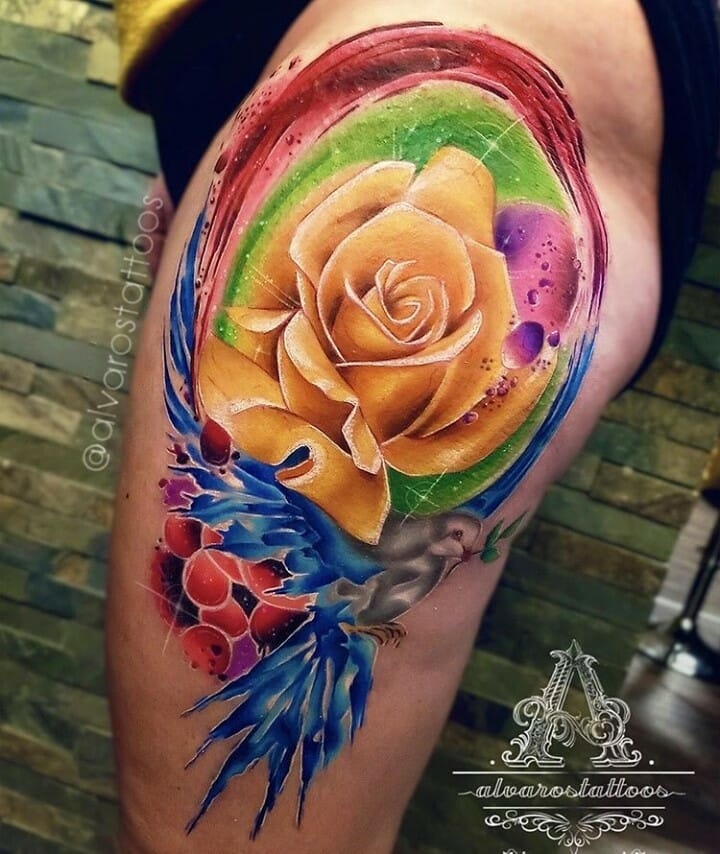 Colourful Yellow Rose Tattoo