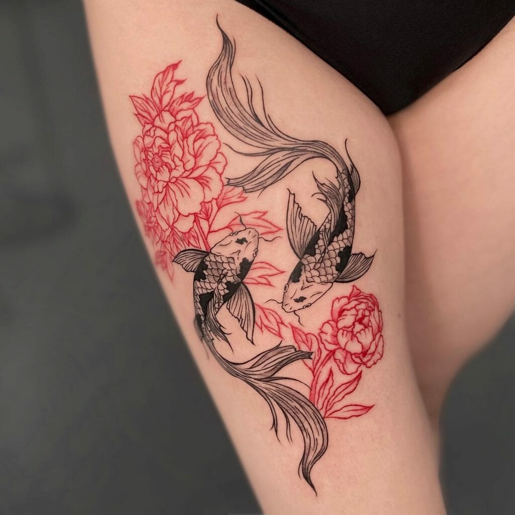 Cool Black And Red Upper Thigh Tattoo