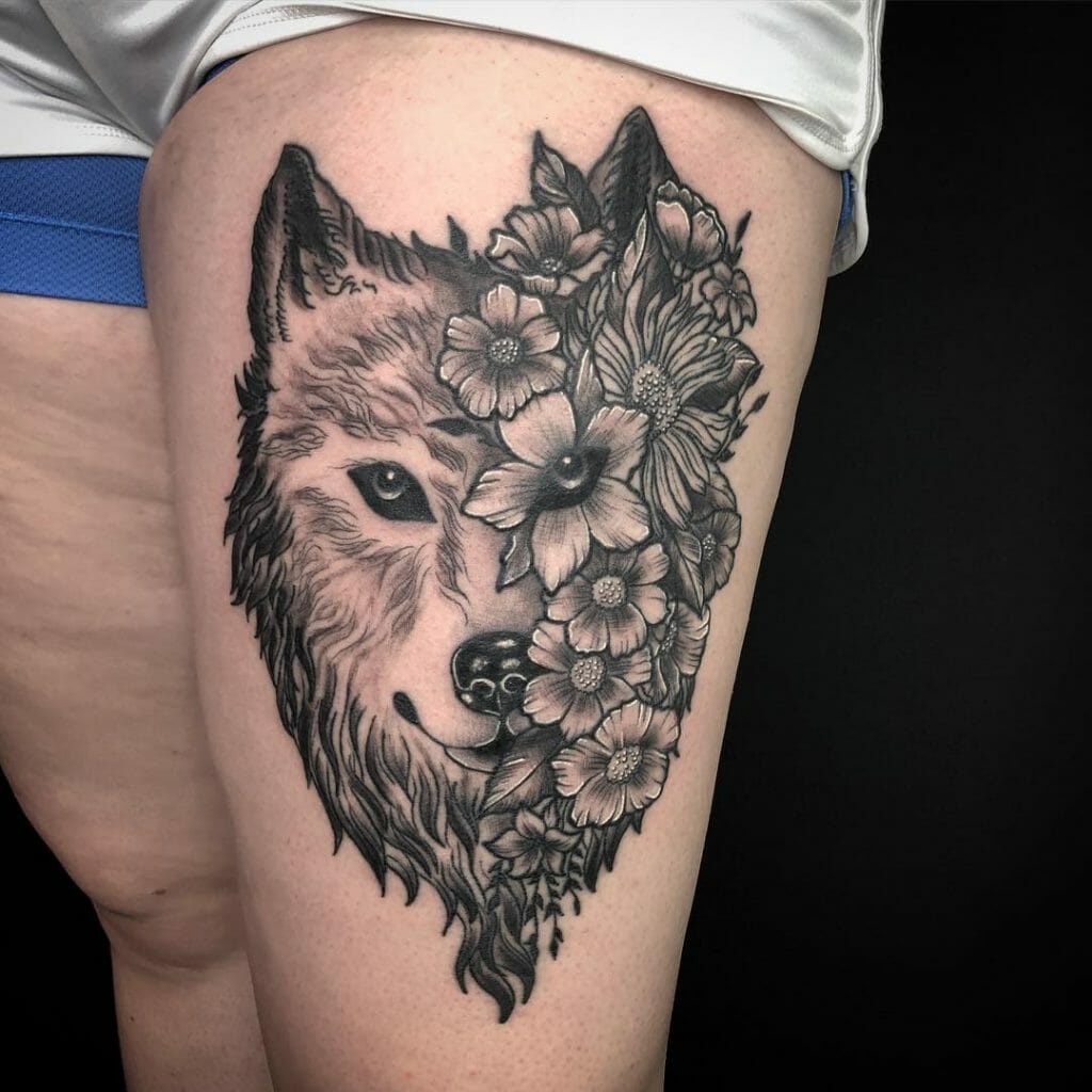 Crafty Wolf With Flower Tattoo