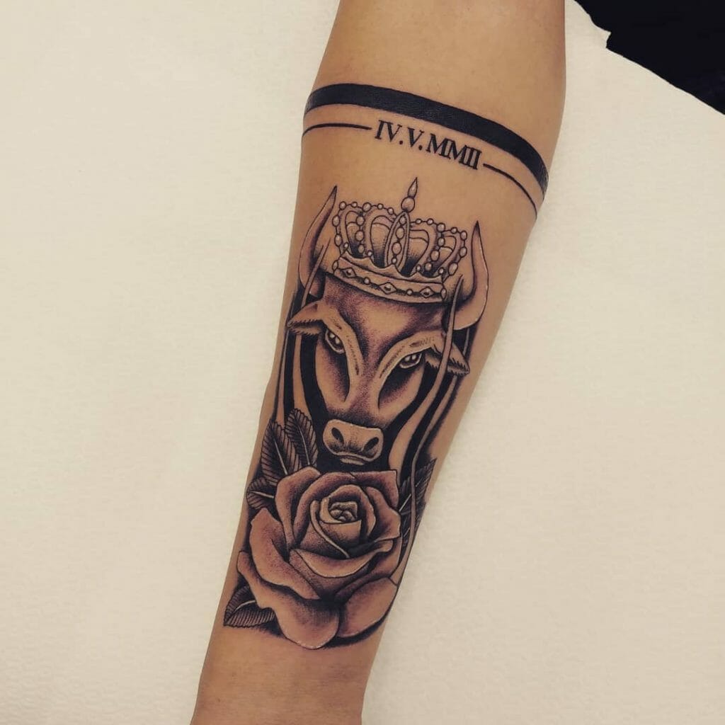 Crown And Flower Taurus Bull Tattoo