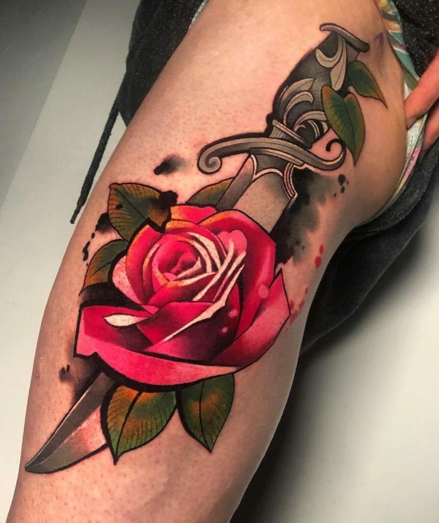 Dagger Piercing Rose Graffiti Tattoo