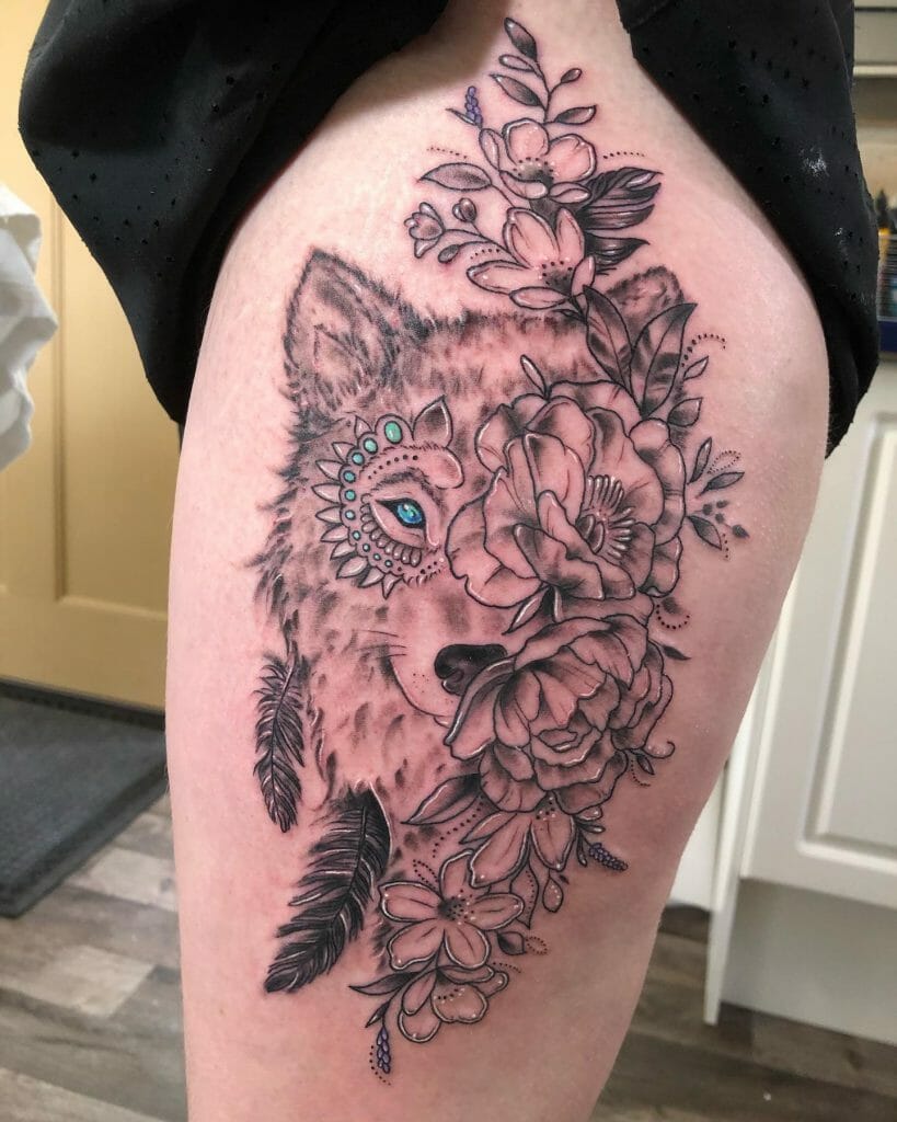 Decorative Wolf With Flower And Feather Tattoo