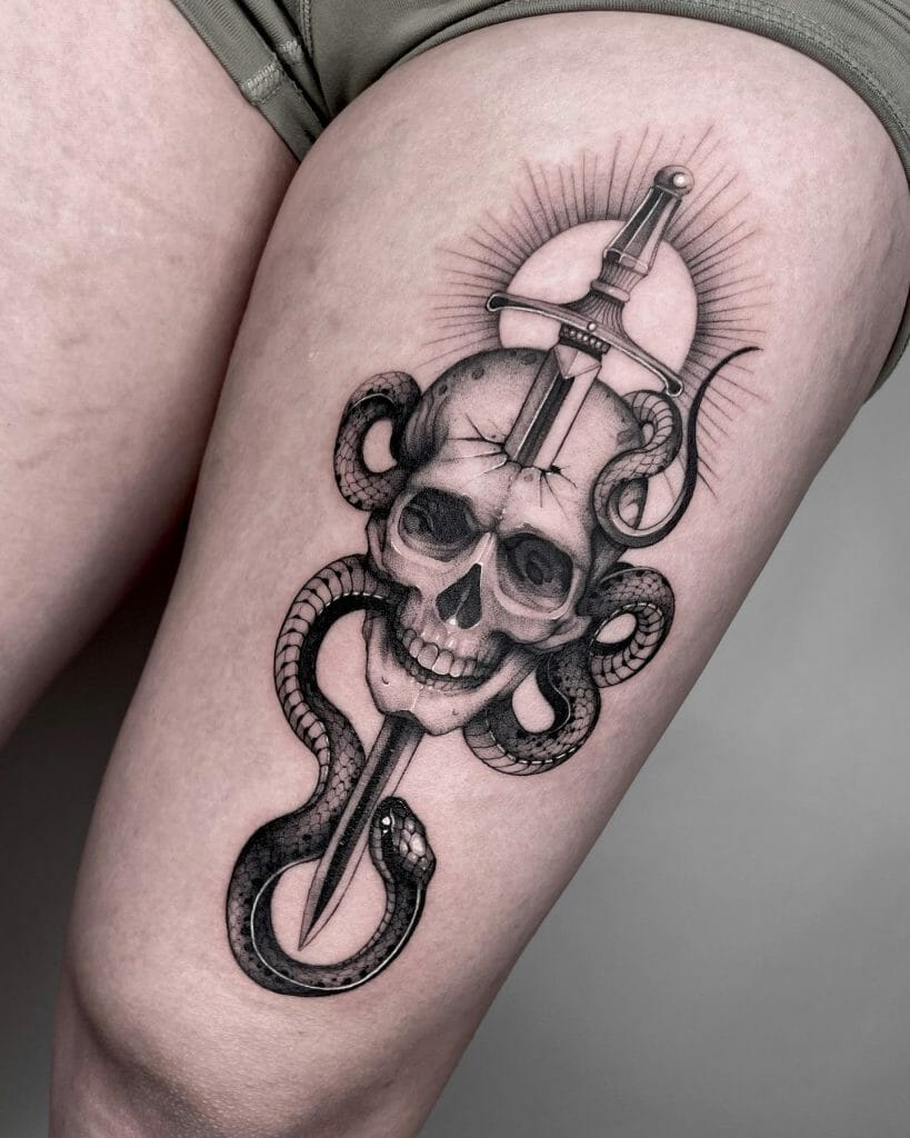 Detailed Skull, Dagger and Snake Tattoo