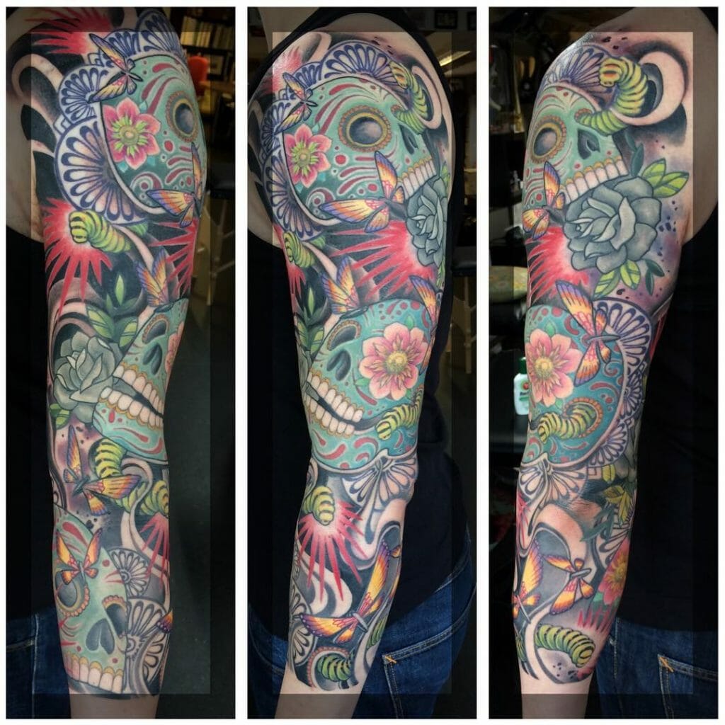 Detailed Sugar Skull And Roses Tattoo